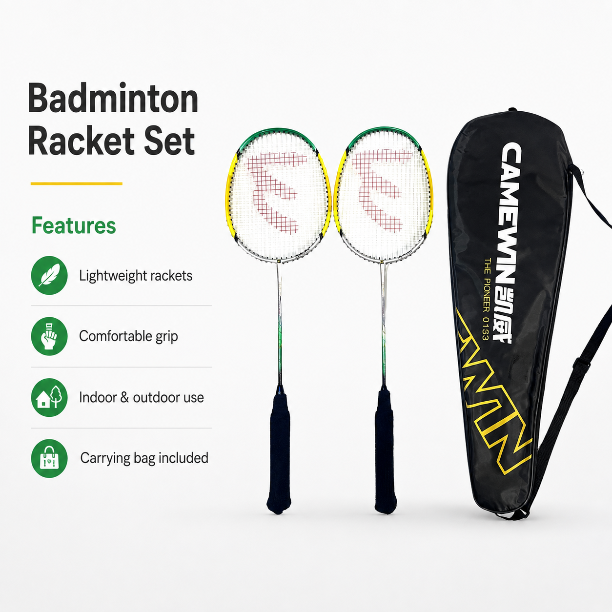 Black Badminton Racket Set Camewin 0153