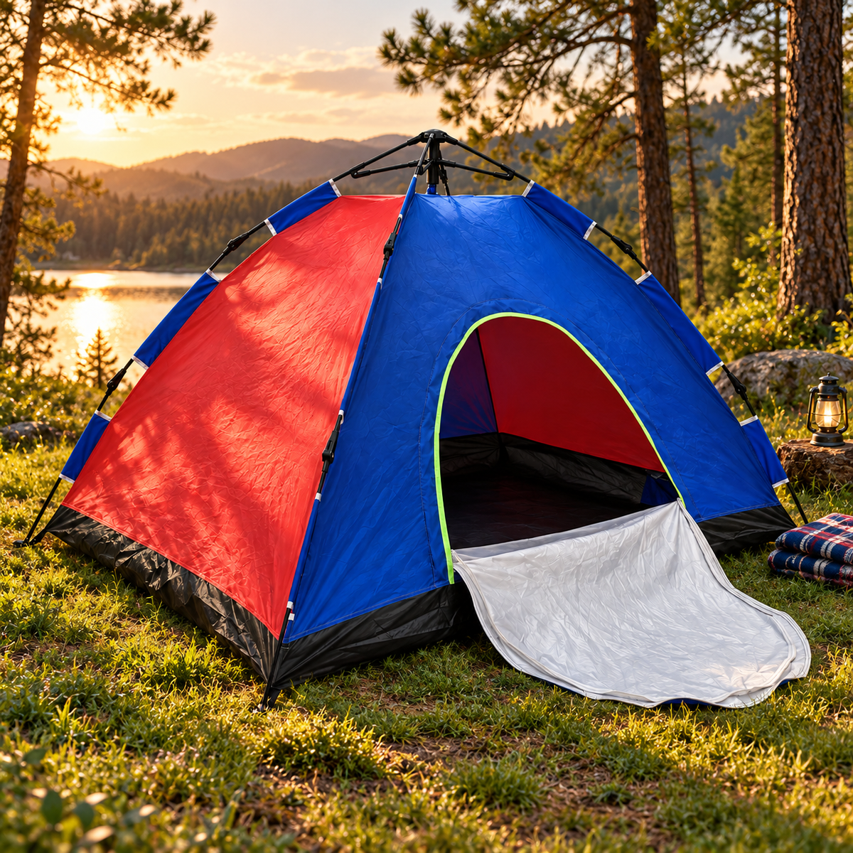 Automatic Pop-Up Camping Tent - 3 Pers - Blue/Red