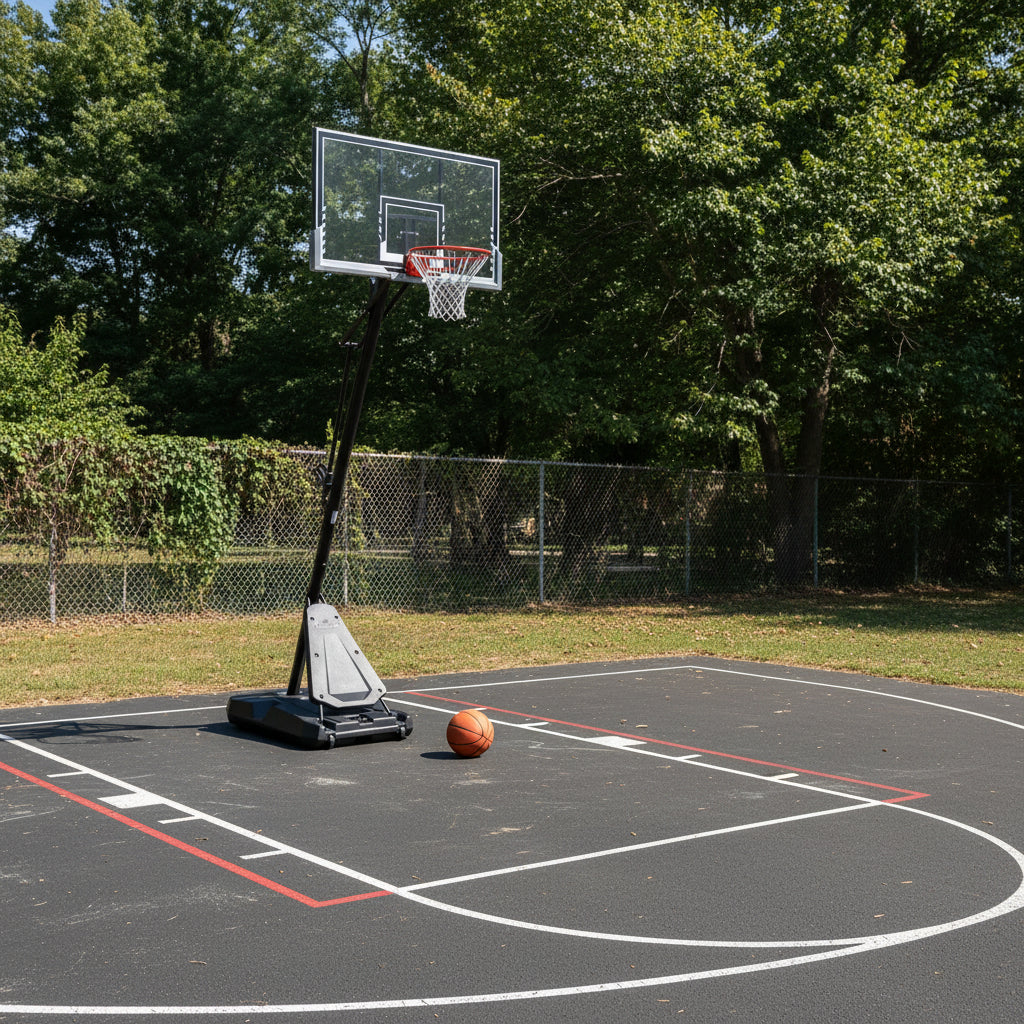 A portable basketball hoop with a black metal frame, clear backboard, white net, and red rim, shown on a plain white background.