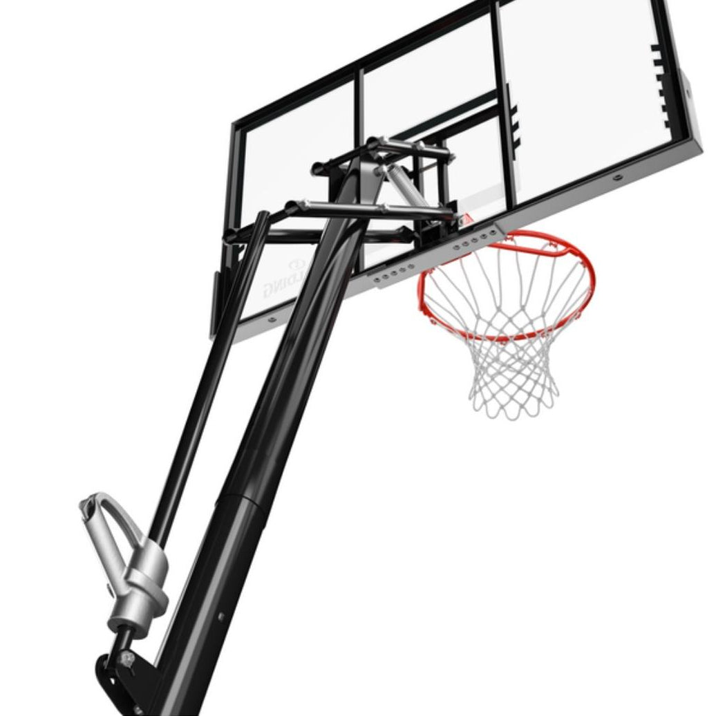 A portable basketball hoop with a clear backboard, black metal support frame, red rim, and white net, shown against a plain white background.