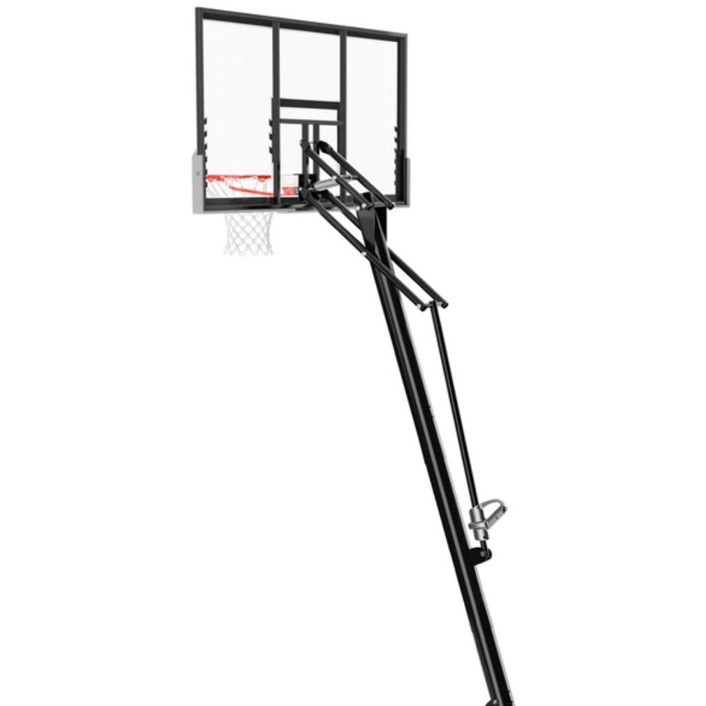 Black metal portable basketball hoop with a clear backboard and white net, isolated on a white background.